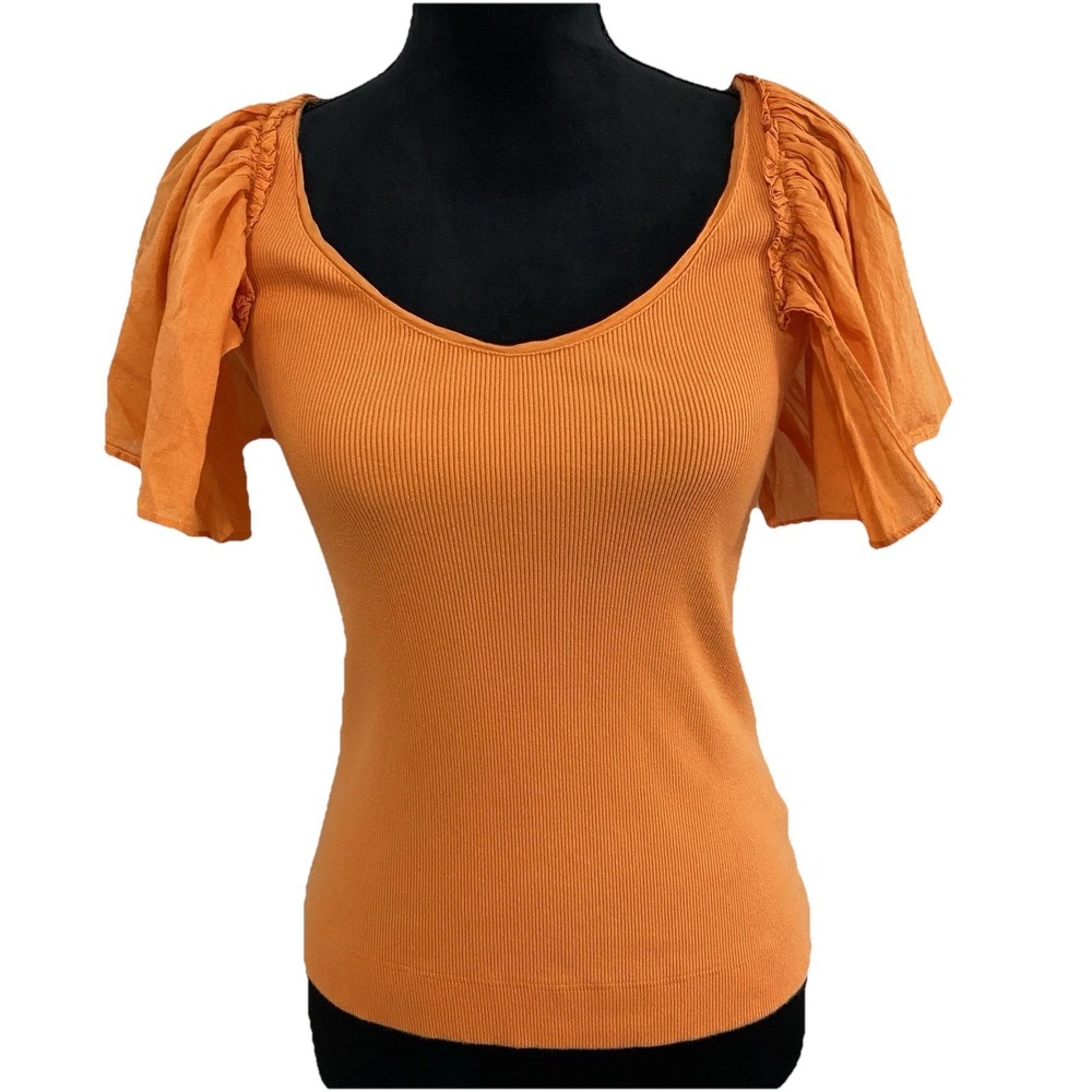Anthropologie Maeve Orange‎ Ribbed Flutter Sleeve Top, Boho, Size XS